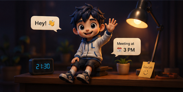 Milo on the evening desk — hero render