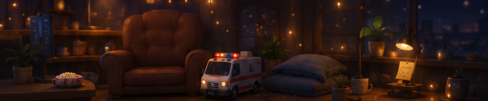 Milo's props — armchair, popcorn, ambulance